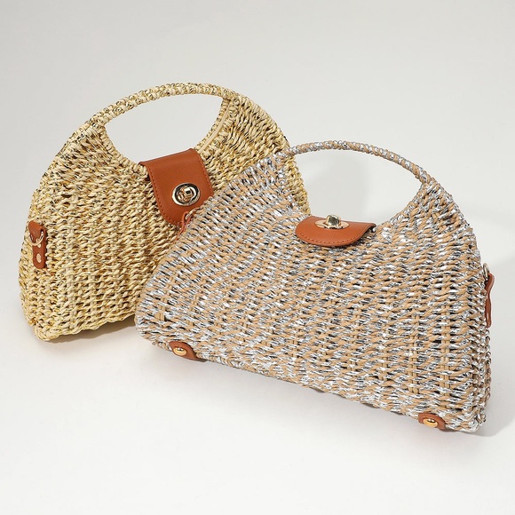 Metallic Gold & Silver Woven Straw Crossbody Bag - Picture 1 of 5